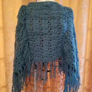 Handmade Teal  Crochet Fringe Knit Cape Sweater OS